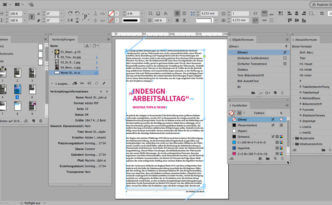 Bildschirmfoto InDesign mit einer Seiten und vielen Paletten